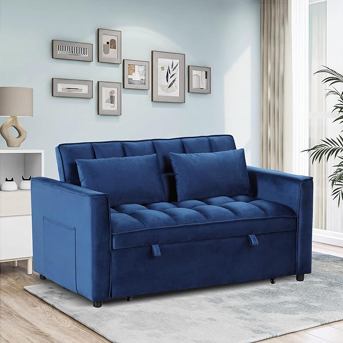 EBELLO 3 in 1 Convertible Sleeper Sofa Bed Modern Velvet Loveseat Couch Pullout Bed for Living Room Small Love Seat Lounge Sofa with Reclining Backrest Pillows and Side Storage Pocket Blue