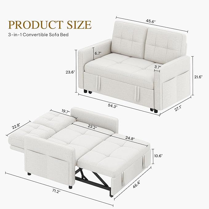 DWVO 55 Convertible Sofa Bed 3-in-1 Sleeper Sofa with Pull-Out Bed Linen Futon Couch with Adjustable Backrest and Side Pocket Modern Loveseat for Living Room Apartment Light Beige