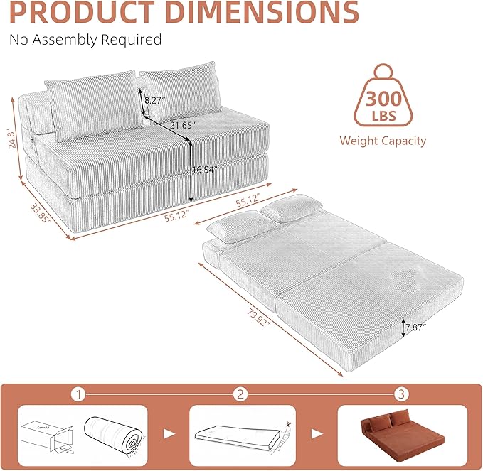 GNIXUU Fold Out Couch 3-in-1 Convertible Futon Sofa Bed with 2 Pillows Corduroy Foldable Floor Chair Boneless Loveseat Couches for Living Room Bedroom Small Spaces Orange