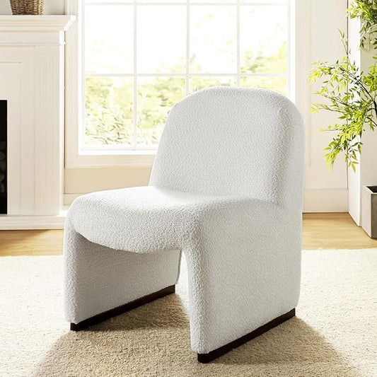 HULALA HOME Modern Accent Chair Upholstered Side Chair with Solid Wood Legs Streamlined Armless Slipper Chair with Curved Seat Bedroom Living Room Chair for Adults （Ivory