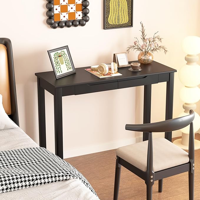 Solid Wood Desk with Drawers - 39 x 16 Inch Simple Narrow Desks Modern Computer Desks Rubber Wood Study Table Small Writing Desk for Bedroom|Small Spaces - Black