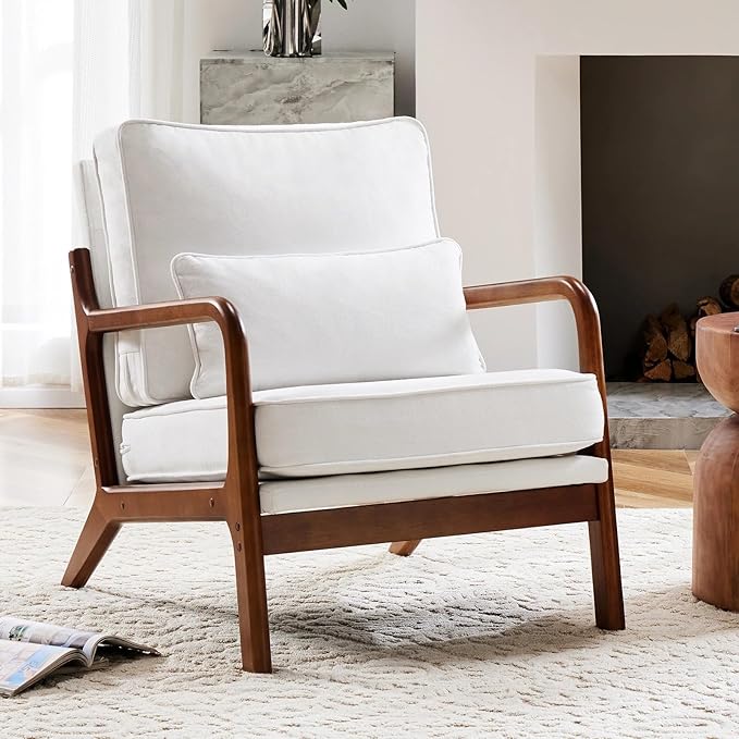 Modern Accent Mid Century Living Room Chairs with Lumbar Pillow Upholstered Comfy Rocking Chair with Wood Frame for Bedroom