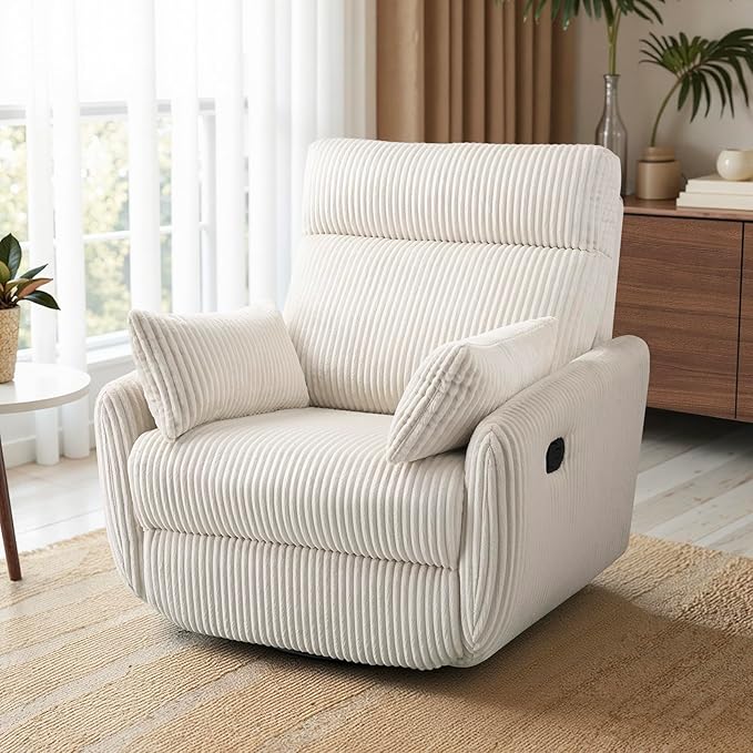 Swivel Recliner Chair for Adults Corduroy Nursery Glider Rocking Chair Armchair with 2 Pillows Comfy High Back Reclining for Small Spaces Nursery Bedroom Living Room (Corduroy Beige 1 Pack)