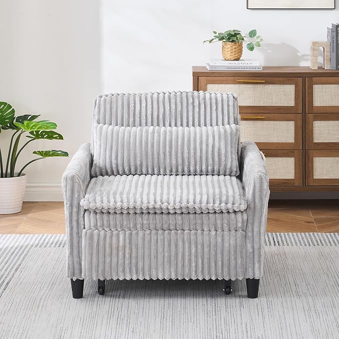 Modern Corduroy Fabric Sofa Bed Futon3 in 1 Convertible Pullout Bed Sleeper Couches with 3 Reclining BackrestsSmall Sofa Chair Bed for Living Room Bedroom (Light Grey)