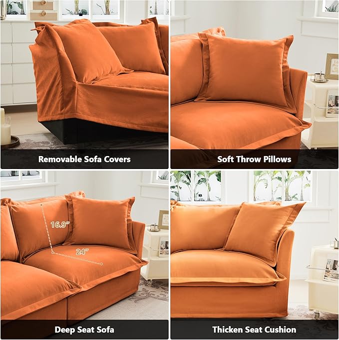 Modern Single Sofa Chair 49 Slipcovered Armchair Oversized Upholstered Accent Chair Comfy Cloud Deep Seat Sofa Chair with 2 Throw Pillows for Living Room Bedroom Apartment Chenille Orange