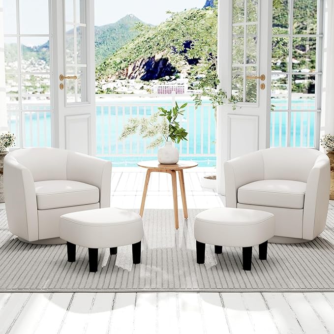 KOMFOTT Swivel Barrel Chair with Ottoman Upholstered Armchair with Footrest Removable Seat Cushion Linen Fabric Club Reading Sofa Chairs Modern Accent Chair for Living Room Bedroom Creamy