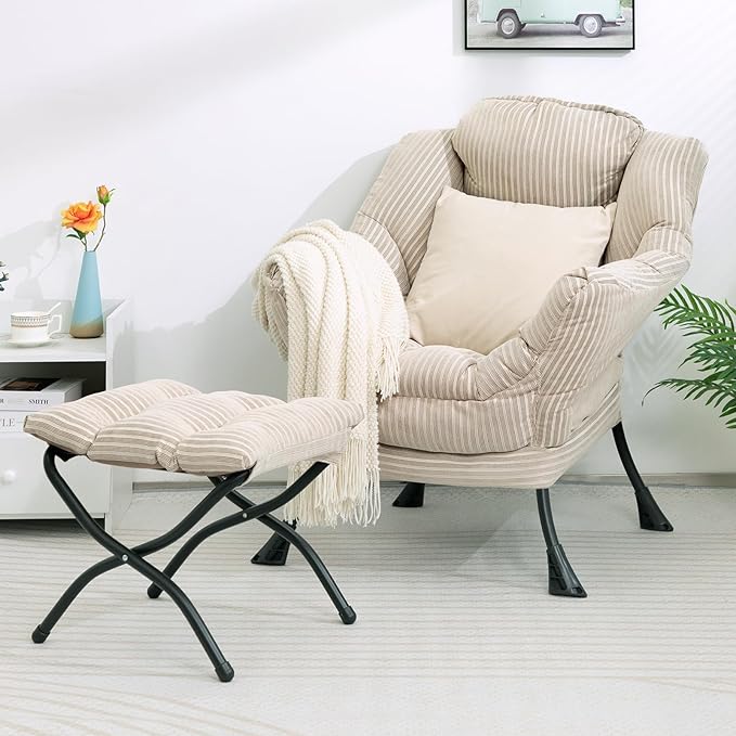 HollyHOME Lazy Chair with Foldable Ottoman Accent Comfy Lounge Armchair and Folding Footrest Stool Leisure Sofa Reading Chair and Footstool for Living Room Bedroom DormBeige Stripe