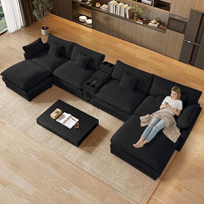 OUYESSIR 163U Shaped Cloud Couch SectionalsLarge Comfy Black Sectional Couches for Living RoomOversized Fluffy Modular Sectional SofasChenille Big 6 Seat Sofa Set USB Port Central Console Ottoman