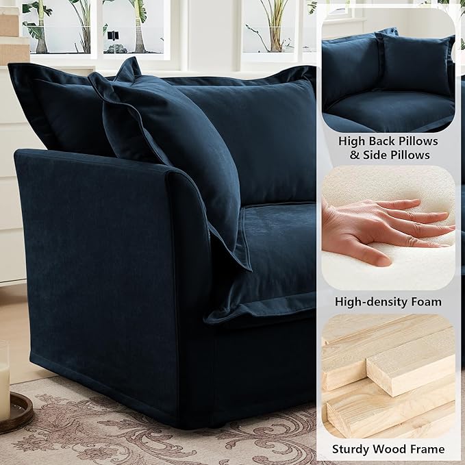 Aoowow Oversized Modular Sectional Sofa Chair with Movable Ottoman 49” Chenille Single Armchair Comfy Deep Seat Couch Sofa with Big Toss Pillows for Living Room Apartment Office(Blue-Chenille)