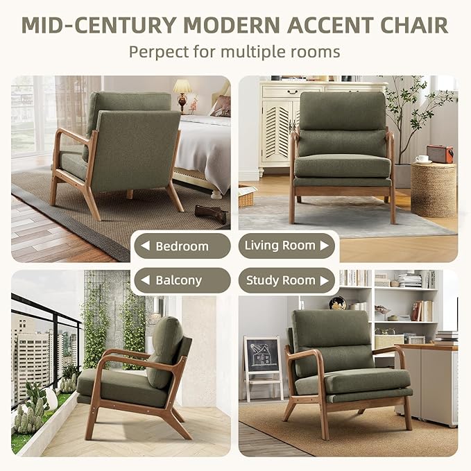 Mid Century Modern Accent Chair Set of 2 Linen Fabric Upholstered Lounge Arm Chair with Solid Wood Frame and Soft Cushion for Living Room Bedroom Balcony (1 Green)