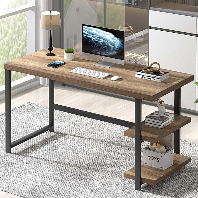 FOLUBAN Computer Desk Modern Home Office Desk with Storage Shelves Writing Study Gaming Table for Living Room Bedroom Rustic Oak 53 Inch