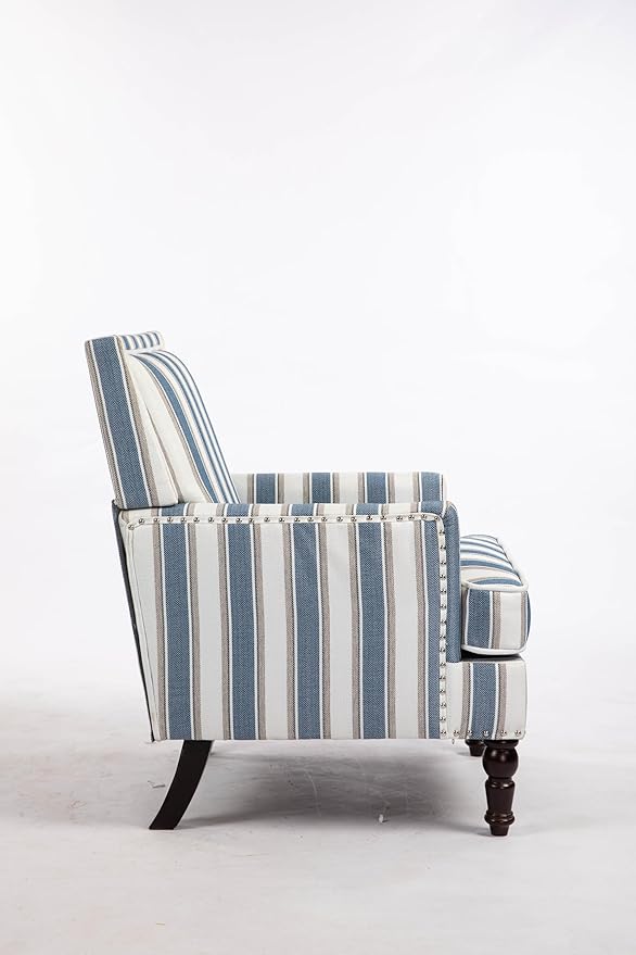 Upholstered Accent Chair Vintage Armchair with Blue and White Striped Linen Fabric Nailhead Trim and Solid Wood Legs 27”x27”x35”Comfortable Reading Chair for Living Room (Blue)