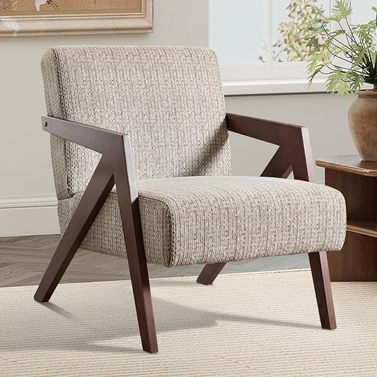 Bonzy Home Mid-Century Modern Accent Chair with Solid Wood Frame Upholstered Armchair for Bedroom &amp Living RoomReading Side Chair with Soft Lien Fabric CushionEasy Assembly