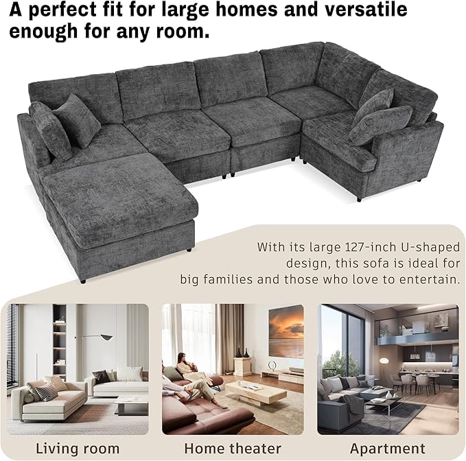 LUMISOL Sectional Couch for Living Room Large U-Shaped Furniture Upholstered Sofa with Removable Ottoman 6 Seat Chenille Fabric Sofa Set for Large Space Gray