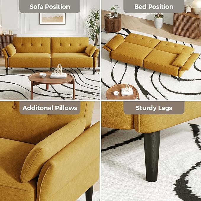 89” Futon Sofa Bed Comfy Futon Couch Bed with 2 Square PillowsConvertible Sleeper Sofa with Adjustable Backrest&amp Armrests Modern Loveseat Sleeper for Living RoomVelvet Fabric Yellow