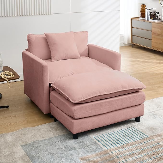 Modern Accent Chair with Ottoman Set for Small Spaces Comfy Polyester Barrel Reading Chair - Ergonomic Design Non-Slip Feet Easy Assembly for Living Room Bedroom Adults (Pink)