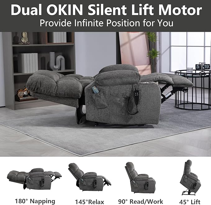 Oversized Power Recliner Chair for Big and Tall 400 LBS 25.5 Extra Wide Electric Lift Chair with Heat and Massage Dual Motor 180° Lay Flat Recliner Living Room Sofa Chenille Big Lift Chair