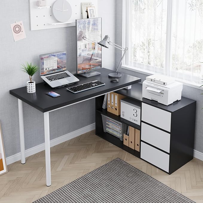 Home Office Computer Desk Corner Desk with 3 White Drawers and 2 Shelves 53-inch L-Shaped Study Desk with Storage Black + White