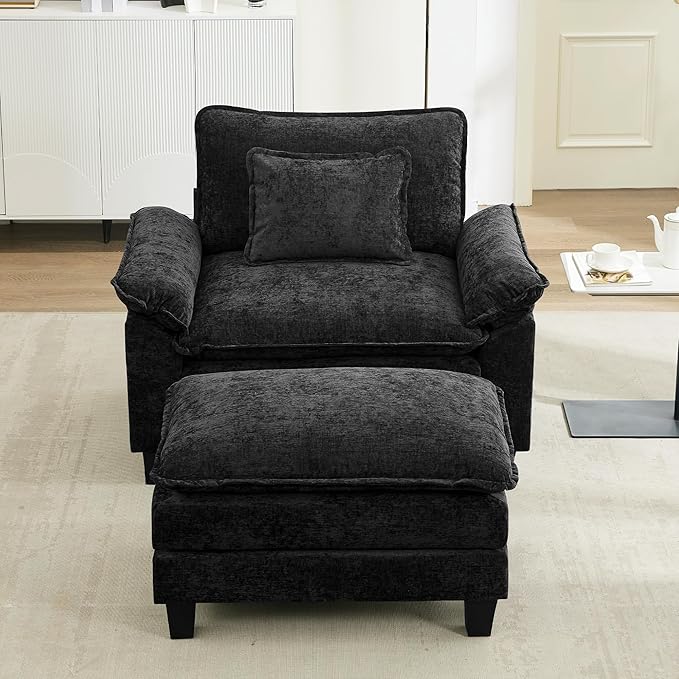 URRED Modular Sectional Sofa Comfy Cloud Couch Modern Chenille Sofa Sleeper Deep Seat Couches with Ottoman/Pillows for Living Room (Black 53''- Ottoman)