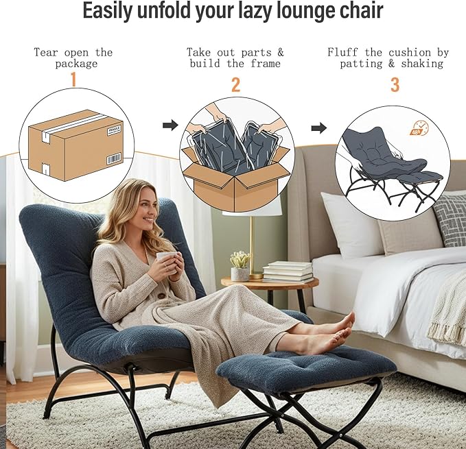 Tiita Accent Lazy Chair with Ottoman Comfy Lounge Chair with Metal Frame and Plush Fabric Thick Cushion Seated Cozy Recliner Chair for Reading Room Living Room Bedroom Office Dark Gray