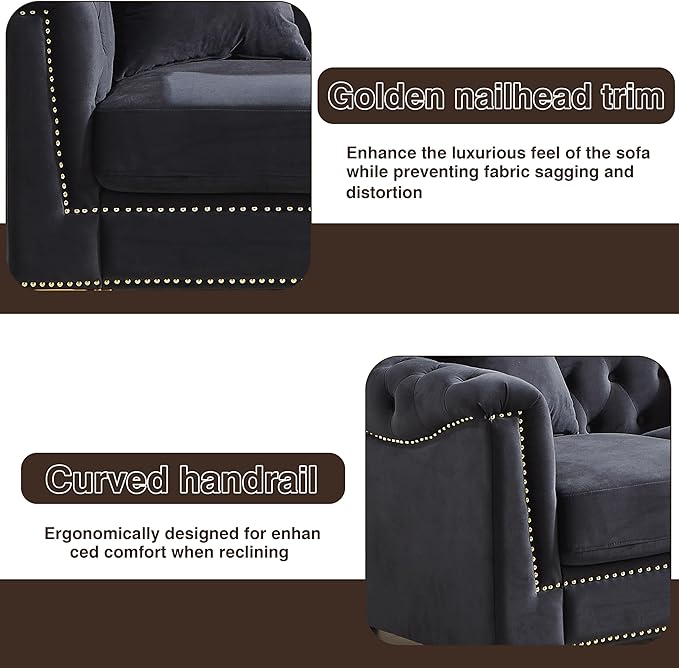 KEIKI 84 Chesterfield Sofa Upholstered 3 Seat Couch with Rolled Arm for Living Room Bedroom Office Black
