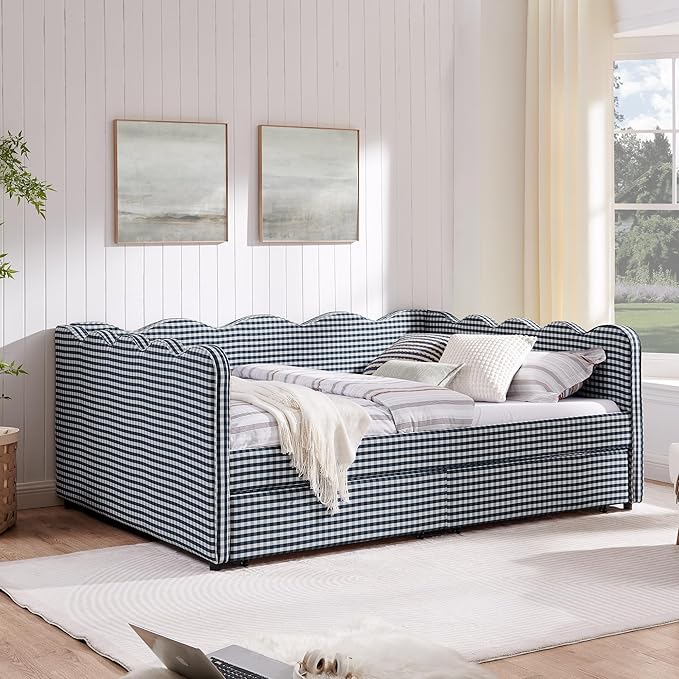 Cozy Gingham Daybed with 2 Drawers Queen Size Sofa Bed No Box Spring Needed with USB Port and Adorable Wave Shaped Linen Fabric Navy (Navy Blue+Queen+2 Drawers)