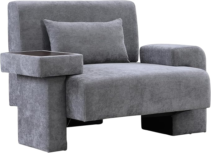 Modern 48'' Wide Oversized Armchair Mid-Century Accent Chair with Pillow Upholstered Sturdy Wood Frame &amp Soft Cushion for Living Room Asymmetrical Armrest Design (Gray+Polyester)
