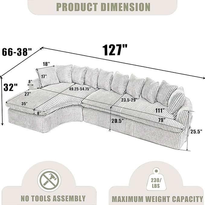 WILLIAMSPACE 127 Oversize Curved Sectional Sofa Foam Couch for Living Room Modern Upholstered Floor Foam Sofa L-Shape Curved Couch 5 Seater Sofas with 10 Cushions Corduroy Left-Facing Black