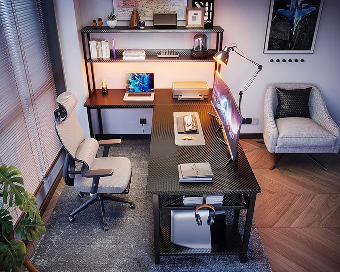ODK 61 L Shaped Gaming Desk with Hutch &amp Headphone Hook Corner Computer Table with Storage Shelves for Home Office Black
