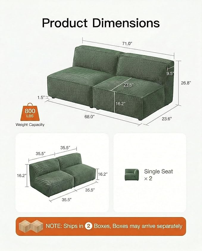 Pipishell Modular Sofa Cloud Couch with Deep Seat Corduroy Upholstered 2-Seater Couches for Living Room BedroomHigh Back No Assembly Required (Green)