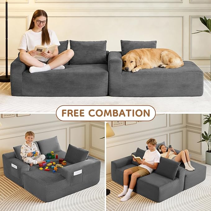Rovibek 97” Couches for Living Room Modular Sectional Sofa with Chaise &amp Deep Seat Comfy Corduroy Boneless Couch No Assembly Required Grey