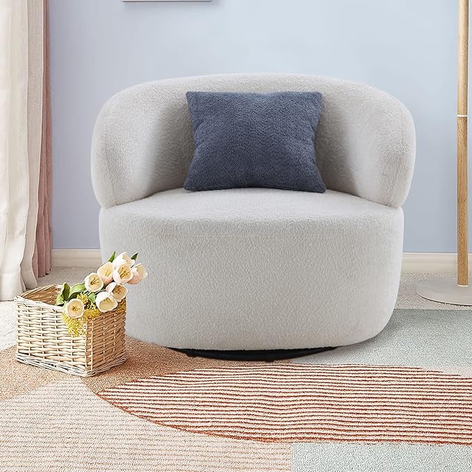 KEVINSPACE Swivel Accent Chair SwivelChairs for Living Room SwivelBarrelChair Round SwivelChair CornerChair Small Modern AccentChair Boucle 360°SwivelChair with Pillow Chair for Bedroom 35 W
