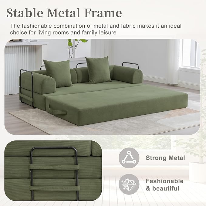 Convertible Sleeper Sofa Bed 78.5 Folding Floor Sofa Mattress Couch with Pillows Corduroy Futon Boneless Couch Lounge Loveseat with Pull Out Bed Green