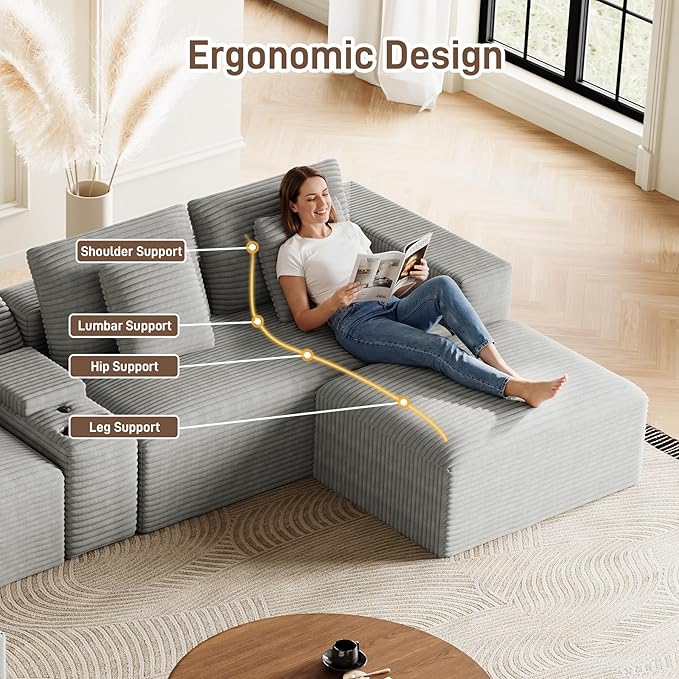 151 U Shaped Cloud Sectional Couch Modular Sofa Comfy Oversized Boneless Couches for Living Room Plush Corduroy Sectional Sofa Set with Ottoman Storage Console USB Light Grey