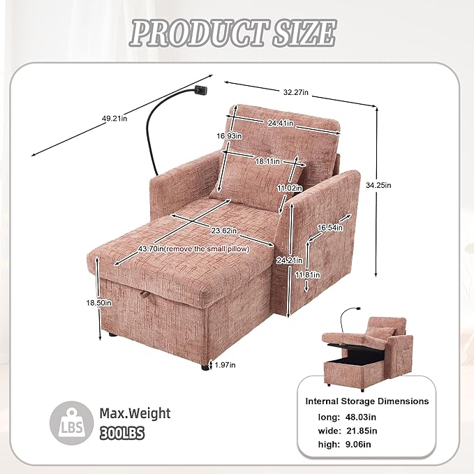 Multifunctional Sofa Recliner Chairs with Storage Cell Phone Bracket Chenille Recliner Chair Bed with Side Pockets and High Backrest Modern Living Room Single Lounge Chair (Pink)