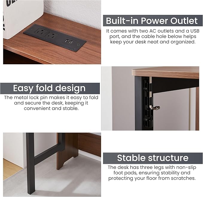 Fold Out Desk with Power Outlets Small Foldable Table with Storage ShelfSpace-Saving Hidden Desk for Bedroom Living Room &amp Office (Walnut)