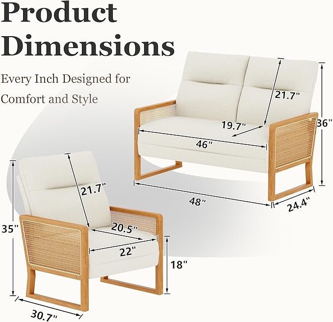 HAOBO Home Small Loveseat Sofa Mini Couch Upholstered Settee Bench with Rattan Arms Linen Small Sofa Couch for Living Room Dining Room Bedroom Funiture