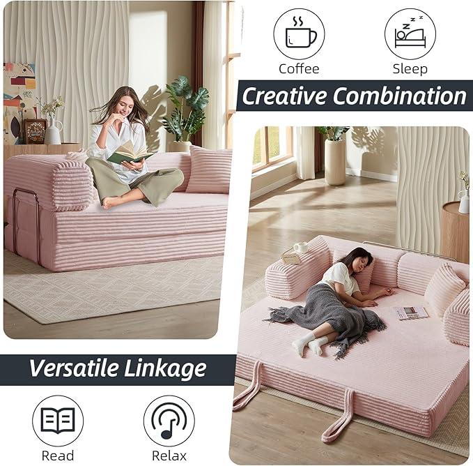 4-in-1 Convertible Folding Sleeper Sofa Bed Plush Corduroy Foldable Mattress Couch with Fixed-Shape Frame Floor Compressed Sofa for Living Room Bedroom (Pink)