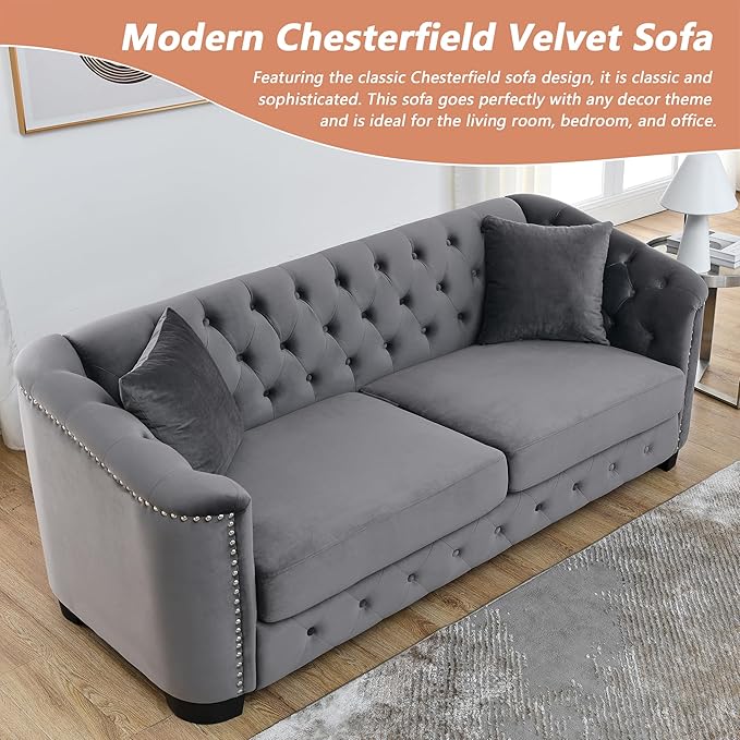 mikibama Modern Chesterfield Velvet Sofa 77 Inch Sectional Sofa Luxury 3 Seater Upholstered Tufted Couch with Nailhead Arms and 2 Pillows for Living Room Bedroom Apartment(Grey)