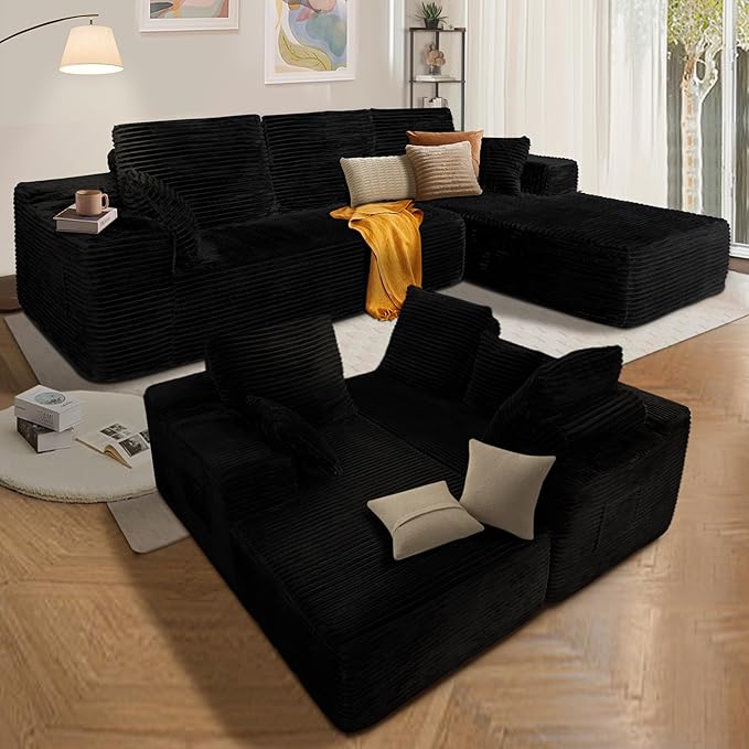 106'' Cloud Sectional Couch L-Shape Couch with Deep Seat Sectional Sofa Living Room Sofa No Assembly Required Black Right Chaise Corduroy Fabric