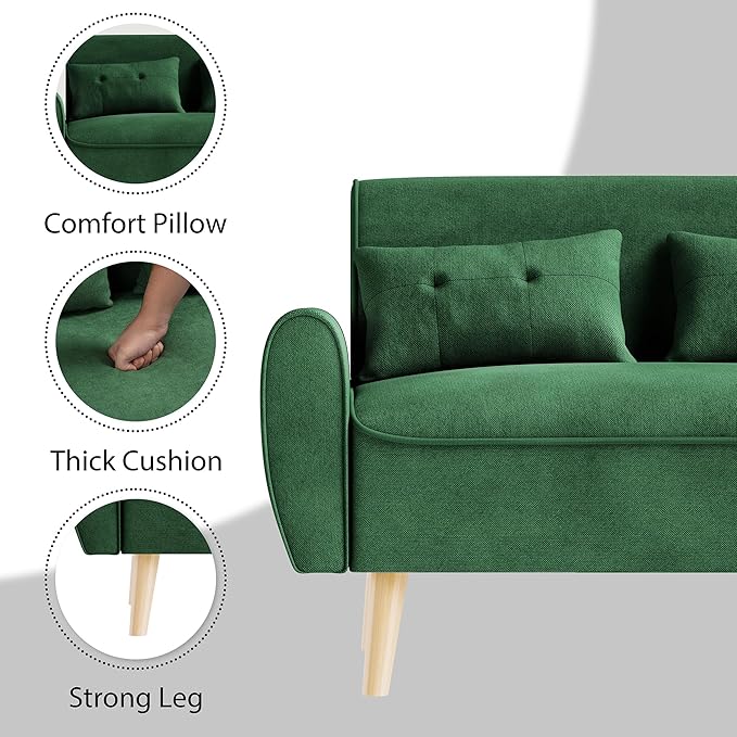 JAMFLY 47'' Small Loveseat Sofa 2 Seat Compact Couch with Tapered Legs Green Upholstered Furniture Solid Wood Frame Comfy Foam Cushion Easy Assembly for Small Spaces