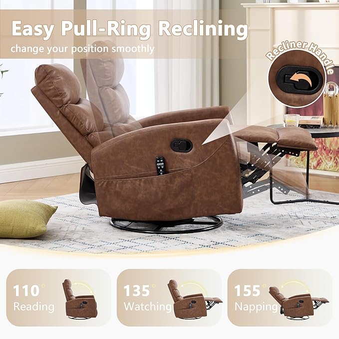 cinkehome Swivel Rocker Recliner Chair Upholstered Nursery Glider Recliner Chair with Heated Massage High Back Side Pocket (Light Brown PU Leather)