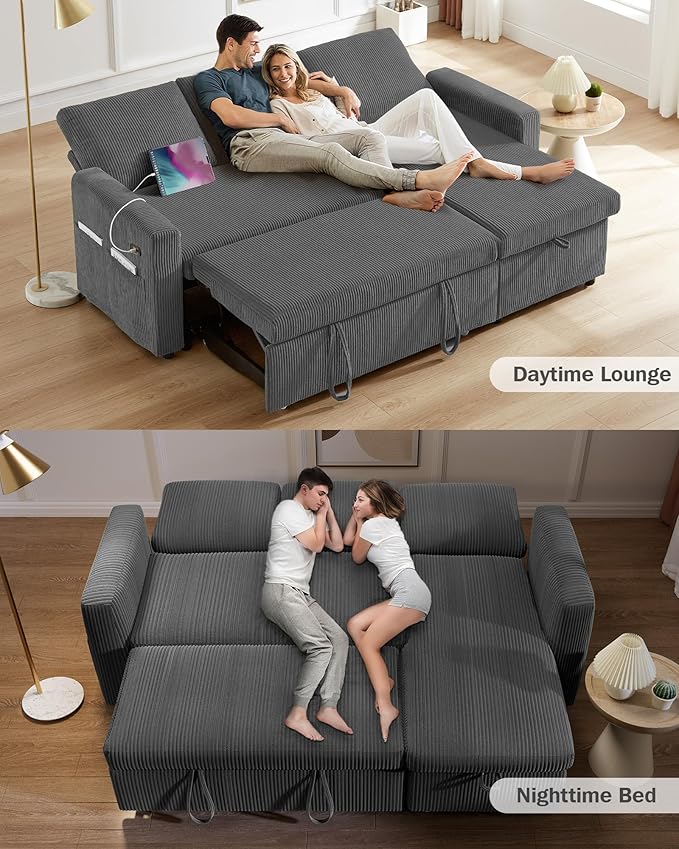 Vipbear 80 Sectional Sleeper Sofa Bed with Pull Out Bed L Shaped Couch Pull Out Couch with Reclining Backrest Reversible Storage Chaise USB Ports Tool-Free Assembly Corduroy Dark Grey