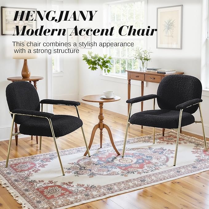 Accent Chair Set of 4 Sherpa Upholstered Armchair Reading Side Chair Comfy Living Room Chair with Gold Metal Legs for Bedroom Waiting Room Black