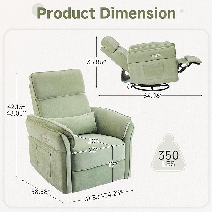 MELLCOM Power Recliner Rocking Chair Nursery Gliders with Adjustable Armrests and Headrest Swivel Electric Glider Reclining Nursing Chair with USB Port and Storage Bags FSC Certified(Fabric Green)