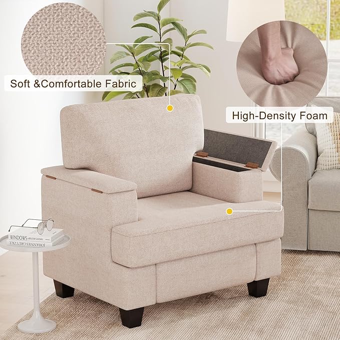 Furniliving Modern Oversized Accent Sofa Chair Comfortable Living Room Lounge Armchair with Storage Armrest Upholstered Reading Gaming Chair for Apartment Living Room Bedroom Beige