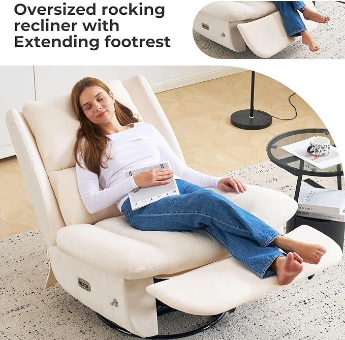 Oversized Power Recliner Chair for Adults270°Swivel Rocker Recliner with USB PortElectric Glider Recliner Chair with StorageOversized Armless Recliner with Phone HolderBeige