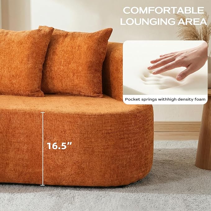 106 Modern Curved Boneless Sectional Couches for Living Room Luxury Chenille Fabric Oversized Modular Cloud Sofa with 4 Pillows Comfy Deep Seat Foam Couch in Box No Assembly (4 Seater Orange)