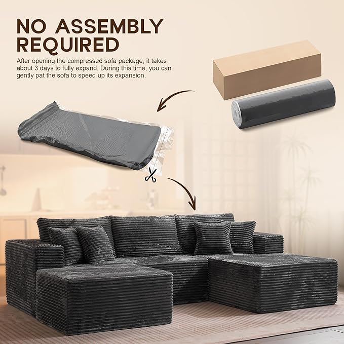 108 Boneless Cloud Couch with Ottoman Moudular Sectional Sofa with Deep Seat No Assembly Required Modern Minimalist Sofas with Chaise Comfy U Shaped Couches for Living Room Grey