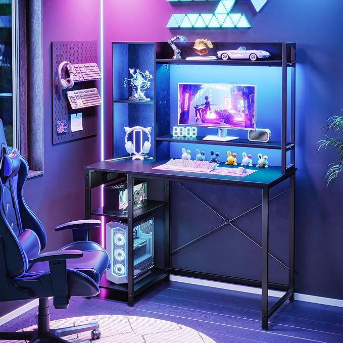HOOBRO Computer Desk Small Gaming Desk with LED and Outlets Home Office Desk with Monitor Stand and Adjustable Shelf Computer Desk with CPU Stand for Home Office Small Space Black BB100UDDN01